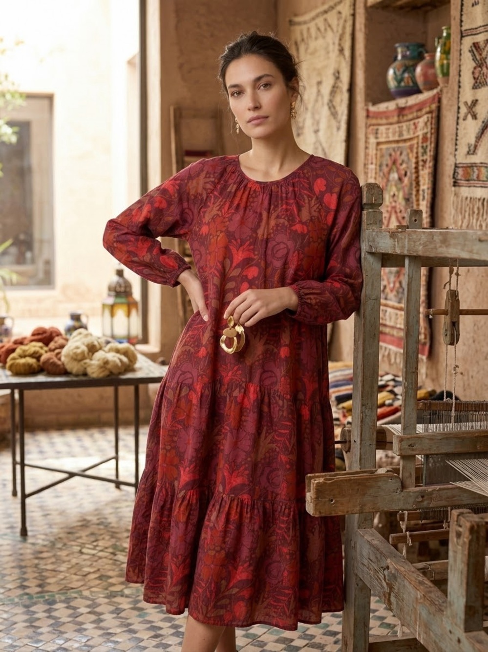 Gudrun Sjöden Burgundy Floral Long-Sleeve Tiered Midi Dress